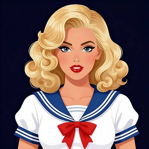 Digital illustration of a blonde woman with curled hair, red lipstick, and blue eyes, wearing a white sailor uniform with a red bow, against a dark