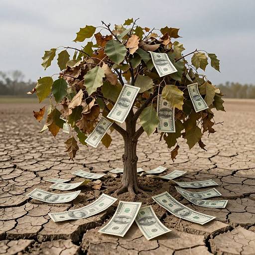 Photograph of a tree with money bills hanging from its leaves, standing in a cracked, dry, barren field under a cloudy sky.