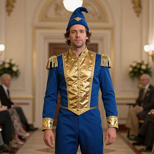 Man in Blue and Gold Costume