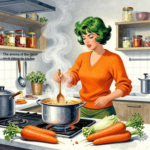 Vintage-style illustration of a green-haired woman in an orange sweater, cooking carrots in a pot on a stove, surrounded by jars and vegetables.