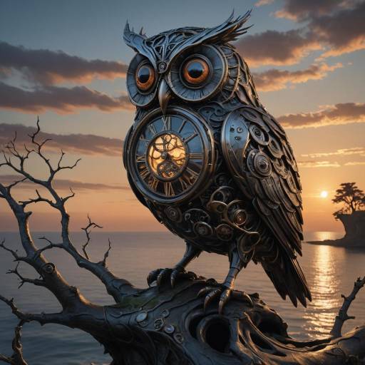 Hyper-Realistic Clockwork Owl at Sunset