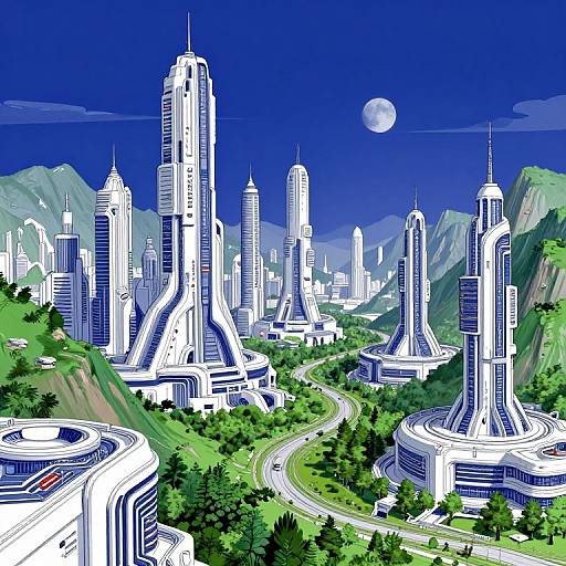 Digital illustration of a futuristic cityscape with tall, white skyscrapers, winding roads, lush green mountains, and a full moon in a deep blue