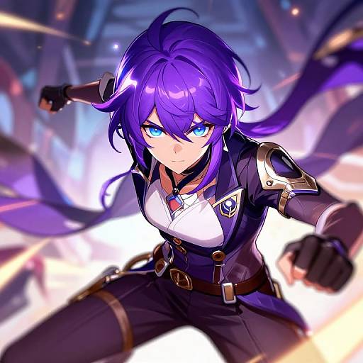 Digital anime-style drawing of a fierce purple-haired character with blue eyes, wearing a black and white combat outfit, in a dynamic, action-packed pose.