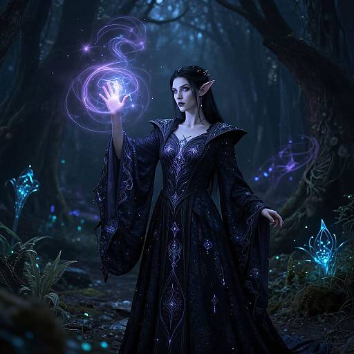 Digital fantasy artwork of an elven woman with pointed ears, glowing blue magic, and dark, ornate robe, in a mystical forest.