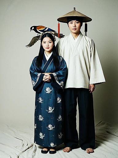 Korean Couple in Traditional Clothing with Bird
