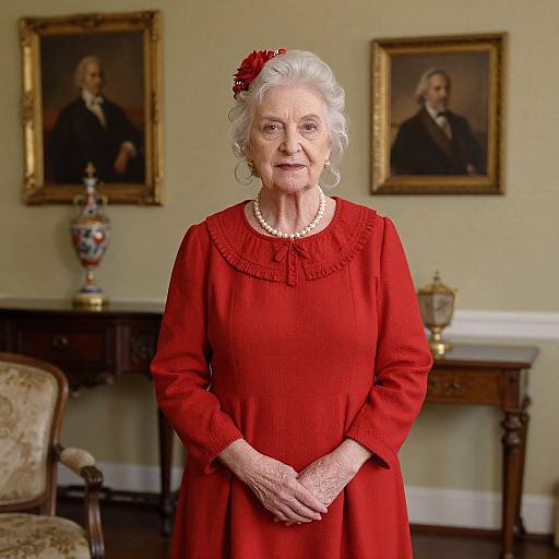 Photograph of elderly white woman with silver hair, wearing red dress and pearl necklace, standing in elegant room with two framed portraits on beige walls.