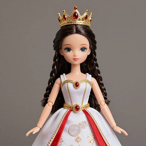 Photograph of a doll with long black hair, blue eyes, wearing a white gown with gold trim, red gemstones, and a gold crown,