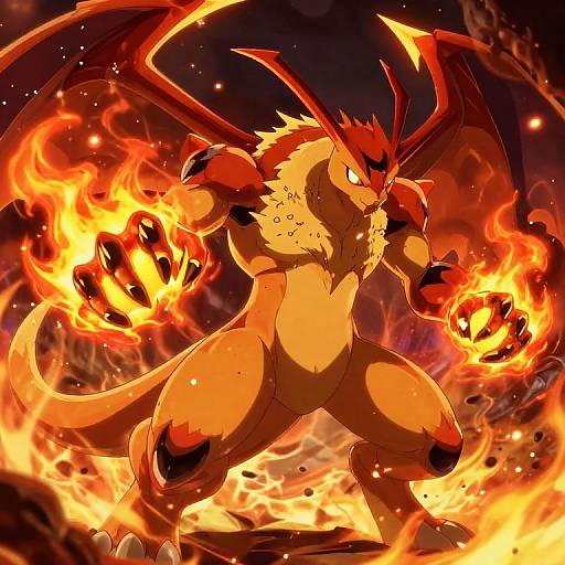Digital art of a muscular, fiery Charizard with red wings, glowing eyes, and orange flames in its hands and background. Dynamic, intense pose.