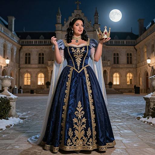 Photograph of a dark-haired woman in a blue, gold-embroidered ball gown, holding a gold crown, standing in a snow-covered,