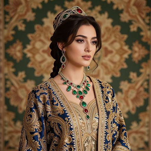 Photograph of a beautiful South Asian woman with dark hair in a braid, wearing an intricate gold and blue embroidered robe, red and green jewelry,