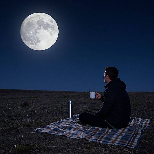 Photograph of a man in a black jacket, sitting on a plaid blanket, sipping from a white mug, under a bright full moon in