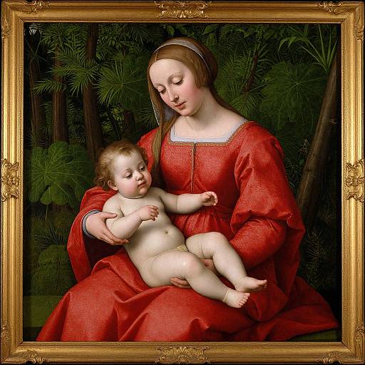 Renaissance painting of a fair-skinned woman in red dress holding a naked, chubby baby with light brown hair, framed in ornate gold.