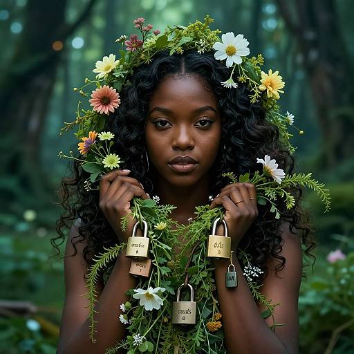 Photograph of a dark-skinned woman with curly hair, adorned with a flower crown and multiple padlocks, standing in a lush forest.