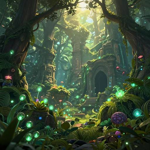 Fantasy forest scene with glowing mushrooms, bioluminescent orbs, and ancient ruins bathed in sunlight. Vivid colors, lush greenery,