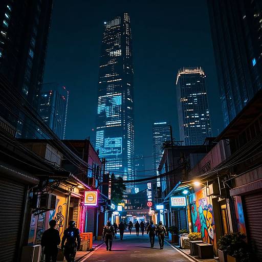 Neon-lit, night-time urban street scene with tall, illuminated skyscrapers in the background. Narrow alleyway with colorful shop signs, people