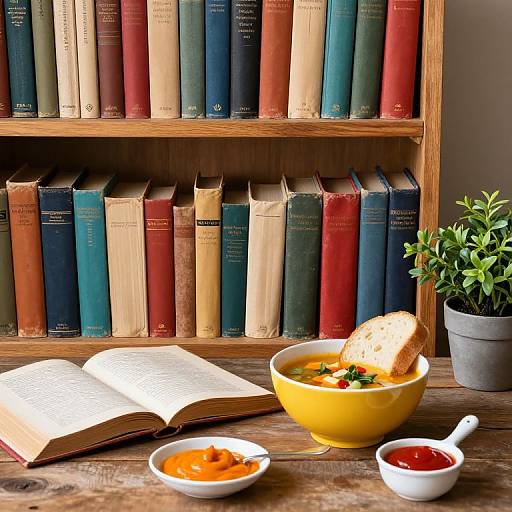 Photograph of a wooden bookshelf with colorful hardcovers, an open book, yellow bowl with soup, bread, and two small bowls of salsa on