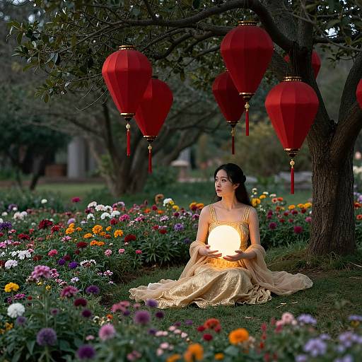 Asian woman in gold dress holding lantern, surrounded by vibrant flowers, red paper lanterns hanging from tree, twilight garden setting.
