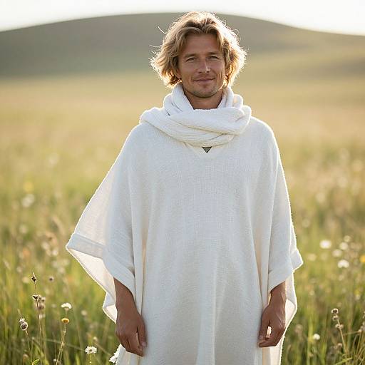 Photograph of a smiling man with shoulder-length blonde hair, wearing a white, textured cloak, standing in a sunlit, grassy field.