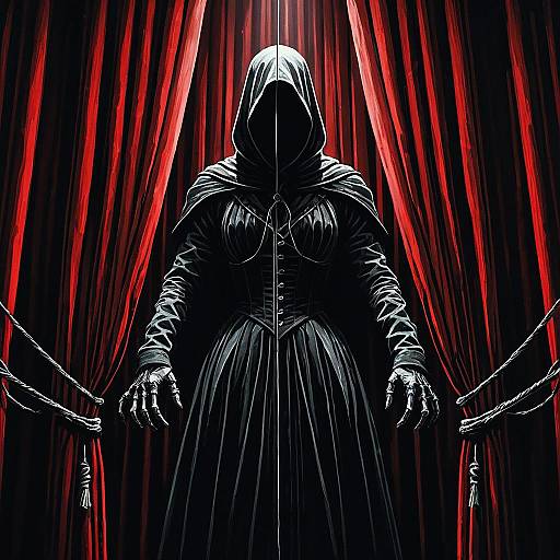 Faceless Gothic Puppet Figure Behind Red Curtains