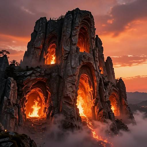 Photorealistic CGI of a towering, fiery volcanic rock formation at sunset, with bright orange flames emanating from arched openings, surrounded by mist and
