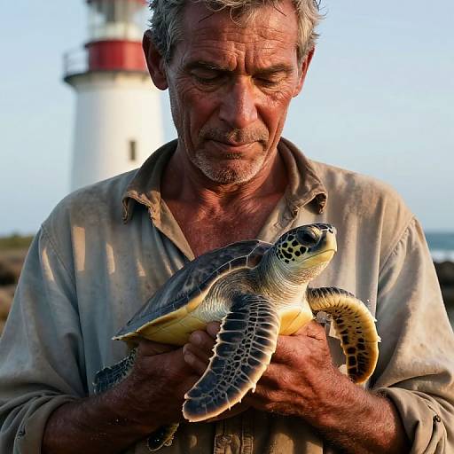 Photograph of an elderly man with graying hair, wearing a worn shirt, gently holding a sea turtle with yellow and brown shell, against a blurred