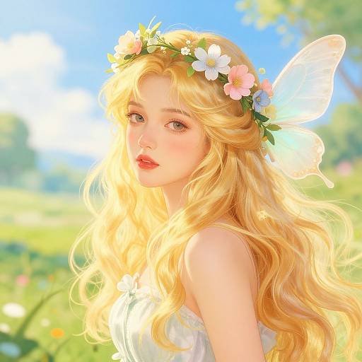 Digital illustration of a blonde fairy with wavy hair, wearing a flower crown and white dress, surrounded by a sunny, colorful meadow.