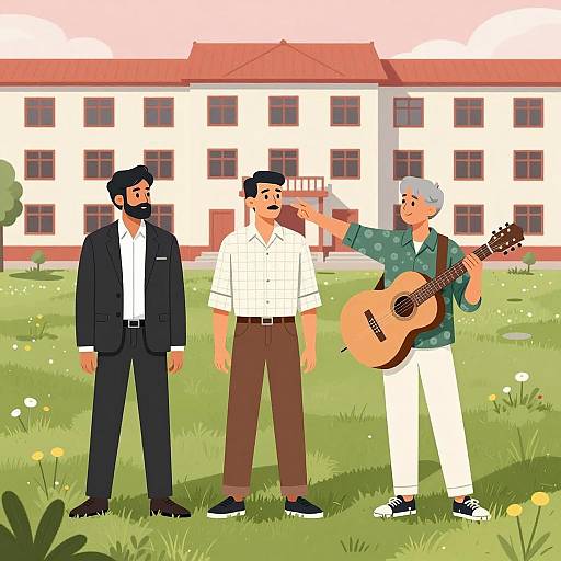 Three Men Standing Outdoors with Guitar