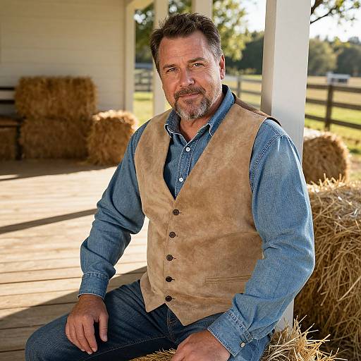 Photograph of a rugged, middle-aged man with short brown hair and beard, wearing a beige suede vest over a blue denim shirt, seated on a