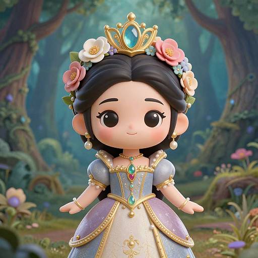 Digital art of a cute, wide-eyed princess with black hair, flower crown, blue gown, gold crown, and necklace, standing in a vibrant,