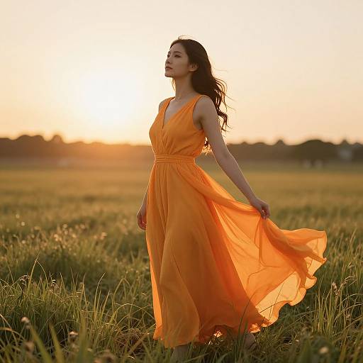 Photograph of a woman in an orange, flowing dress standing in a grassy field at sunset, holding her dress with the sun behind her, illumin