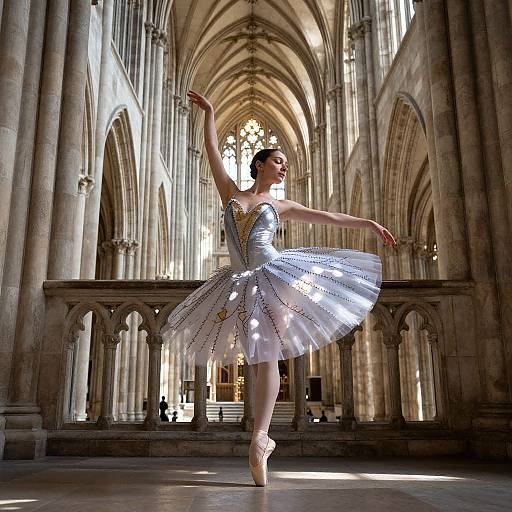 Ballerina in silver, sequined tutu dances en pointe within a Gothic cathedral, arms elegantly raised, sunlight streaming through arched windows