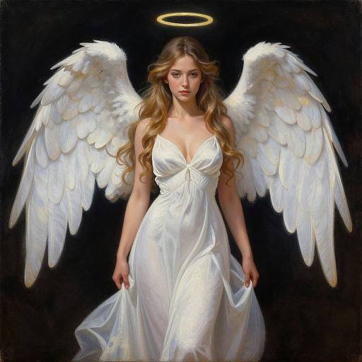Digital painting of a beautiful, long-haired angelic woman with white wings and dress, golden halo, standing against a dark background.