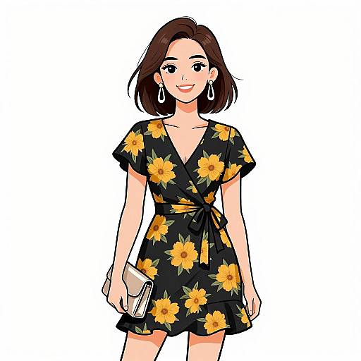 Digital illustration of a smiling woman with short brown hair, wearing a black floral dress, holding a white clutch, and large hoop earrings, set against a