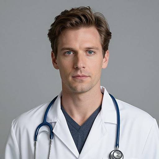 Photograph of a handsome, blue-eyed, fair-skinned male doctor with brown hair, wearing a white lab coat and stethoscope, against a