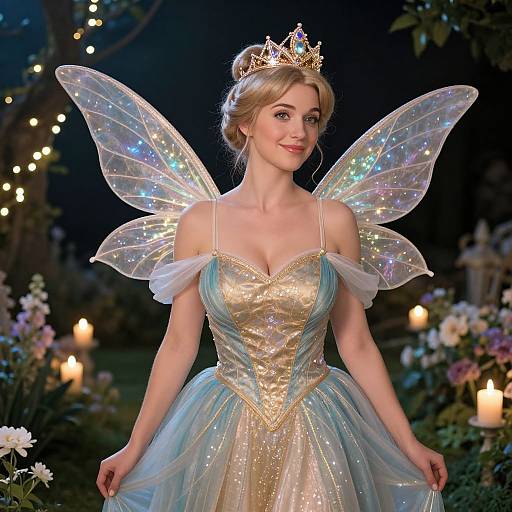 Photograph of a blonde woman with fairy wings, gold crown, and off-shoulder, sparkling blue and gold ball gown, surrounded by candles and