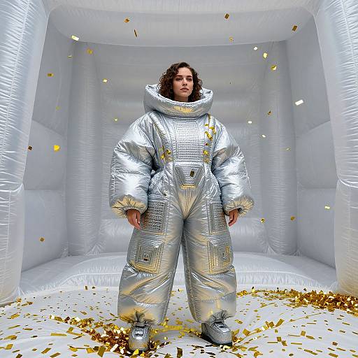 Photograph of a curly-haired man in a shiny silver, puffy, hooded winter suit standing in a white inflatable tent with falling gold confetti