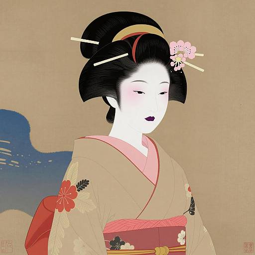 Elegant Geisha Illustration with Floral Accents