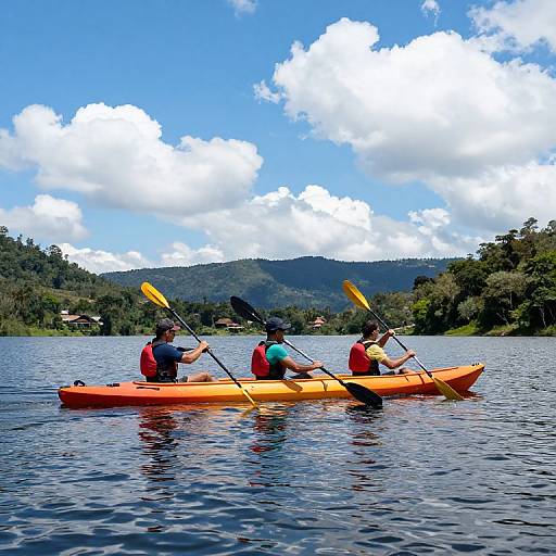 Photograph of three kayakers in bright orange kayaks, wearing red and blue life jackets, paddling on a serene lake with lush green hills and