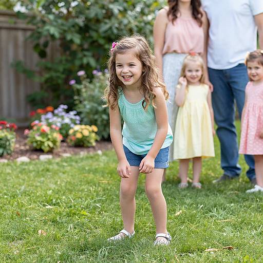 Photograph of smiling young girl with long brown hair in light blue tank top and denim shorts, standing on grass in sunny garden, surrounded by blurred adults