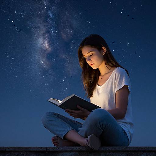 Photograph of a young woman with long brown hair, wearing a white t-shirt and gray pants, reading a book under a starry night sky with