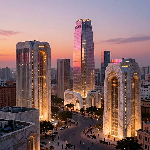 Photograph of a cityscape at sunset featuring three illuminated, modern skyscrapers with arch-shaped windows, surrounded by smaller buildings and a busy street below