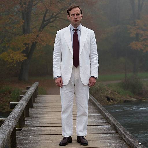 Man in Classic Suit on Autumn Bridge