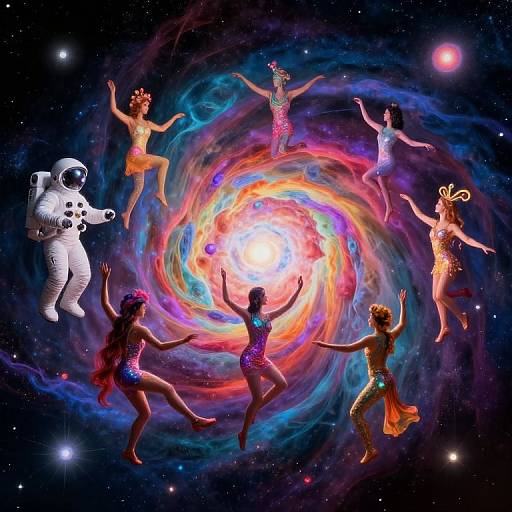 Digital artwork: Space scene with seven dancing women in colorful dresses and one astronaut floating around a vibrant, swirling galaxy core.