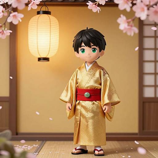 Asian Boy in Gold Kimono with Lantern
