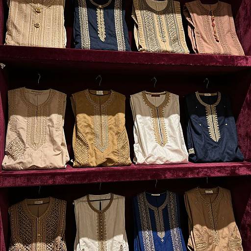 Photograph of a dark wooden shelf displaying rows of embroidered, traditional Indian kurtas in beige, brown, navy, and white.