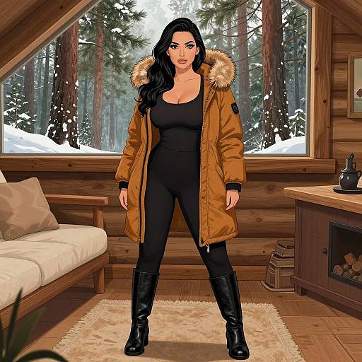 Digital art of a black-haired woman with fair skin, wearing a brown parka with fur hood, black bodysuit, and black boots, standing