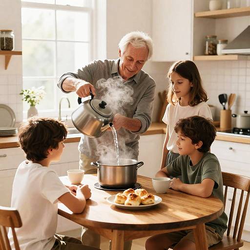 Grandfather Cooking with Grandchildren in Kitchen
