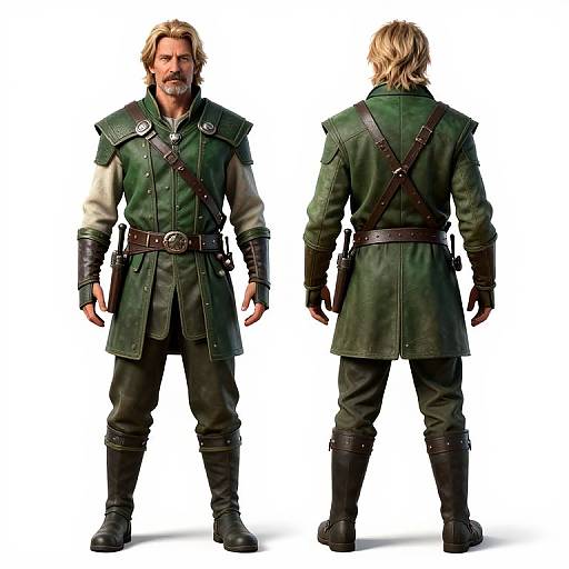 Photograph of a middle-aged man with blonde hair and beard, wearing a dark green medieval-style leather tunic with brown straps, black pants, and