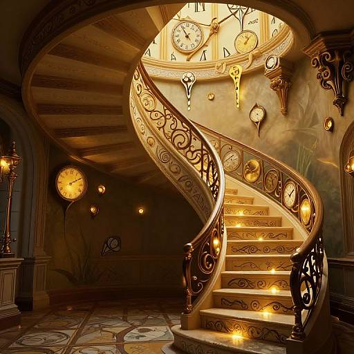 Gothic-style spiral staircase illuminated by glowing clock faces, ornate railings, and warm ambient light in a richly decorated hallway.