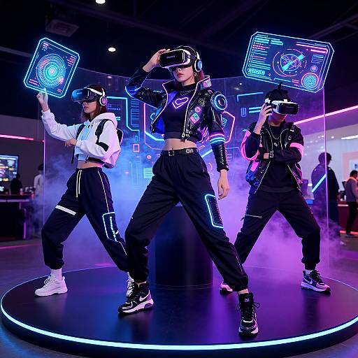 Photograph of three performers in neon-lit, futuristic attire, wearing visors, holding glow-in-the-dark graphics, standing on a black circular stage